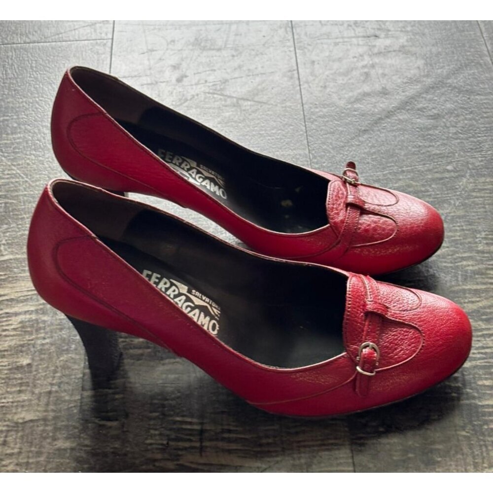 Salvatore Ferragamo Slip On Pumps High Heel Leather Shoes Red Size 9B